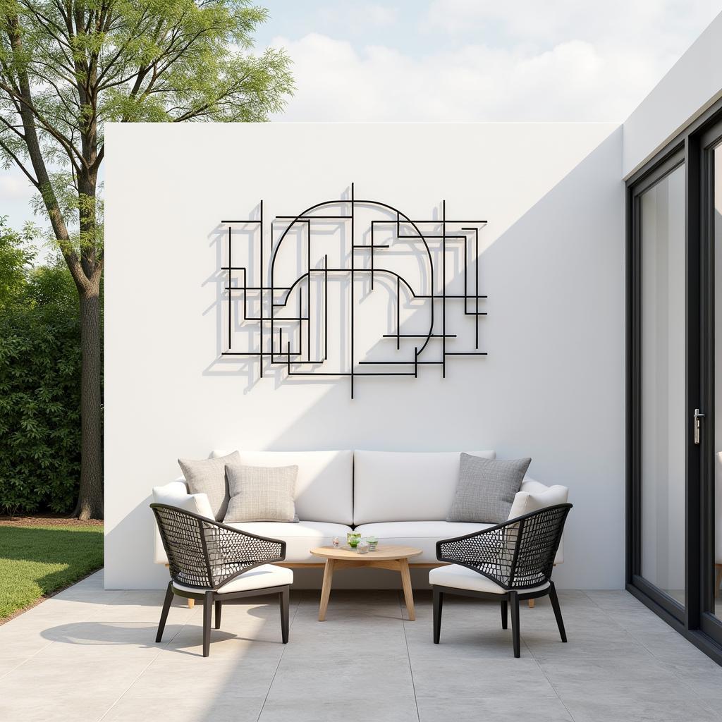 Modern abstract outdoor wall sculpture adds a contemporary touch to a patio.