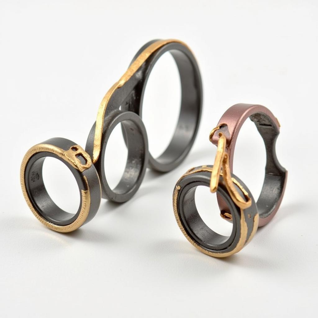 Modern art wedding rings crafted with mixed metals and gold accents