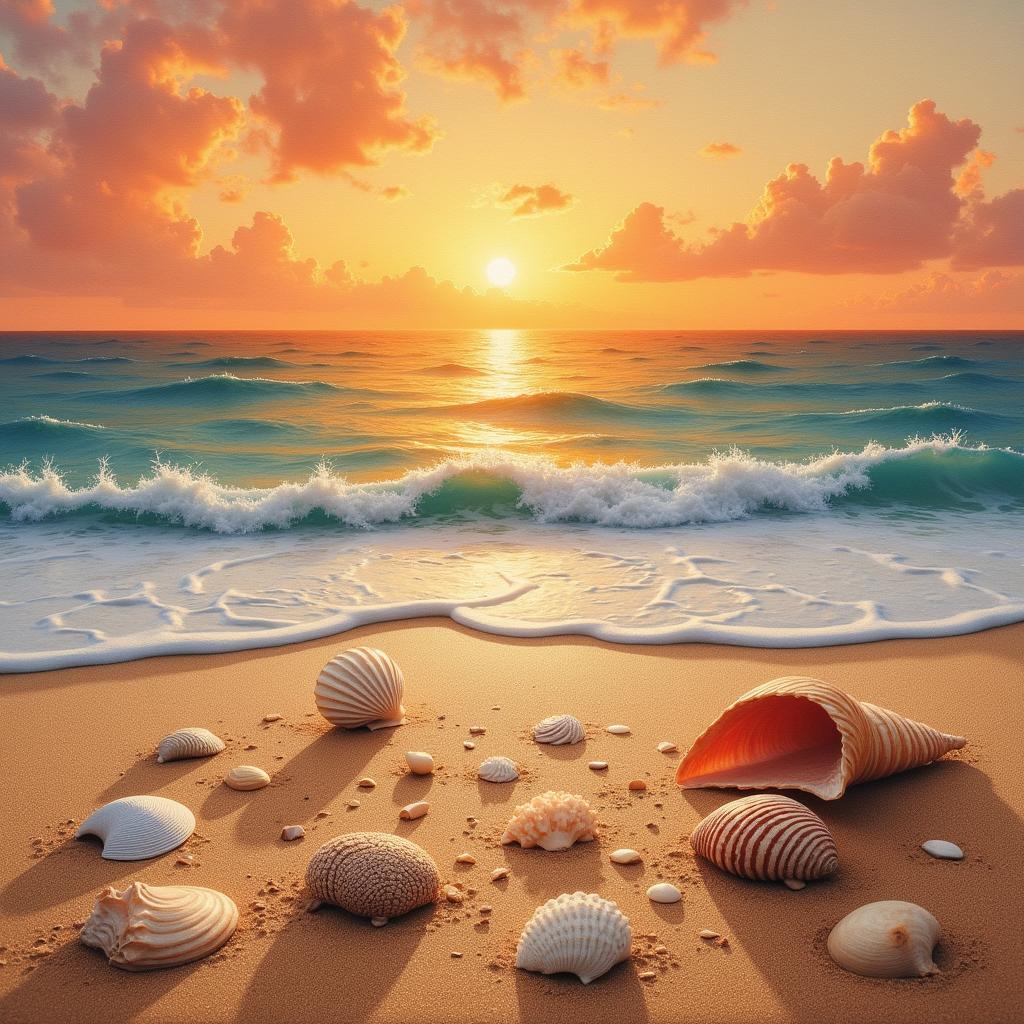 Realistic Modern Beach Painting Featuring Seashells and Gentle Waves