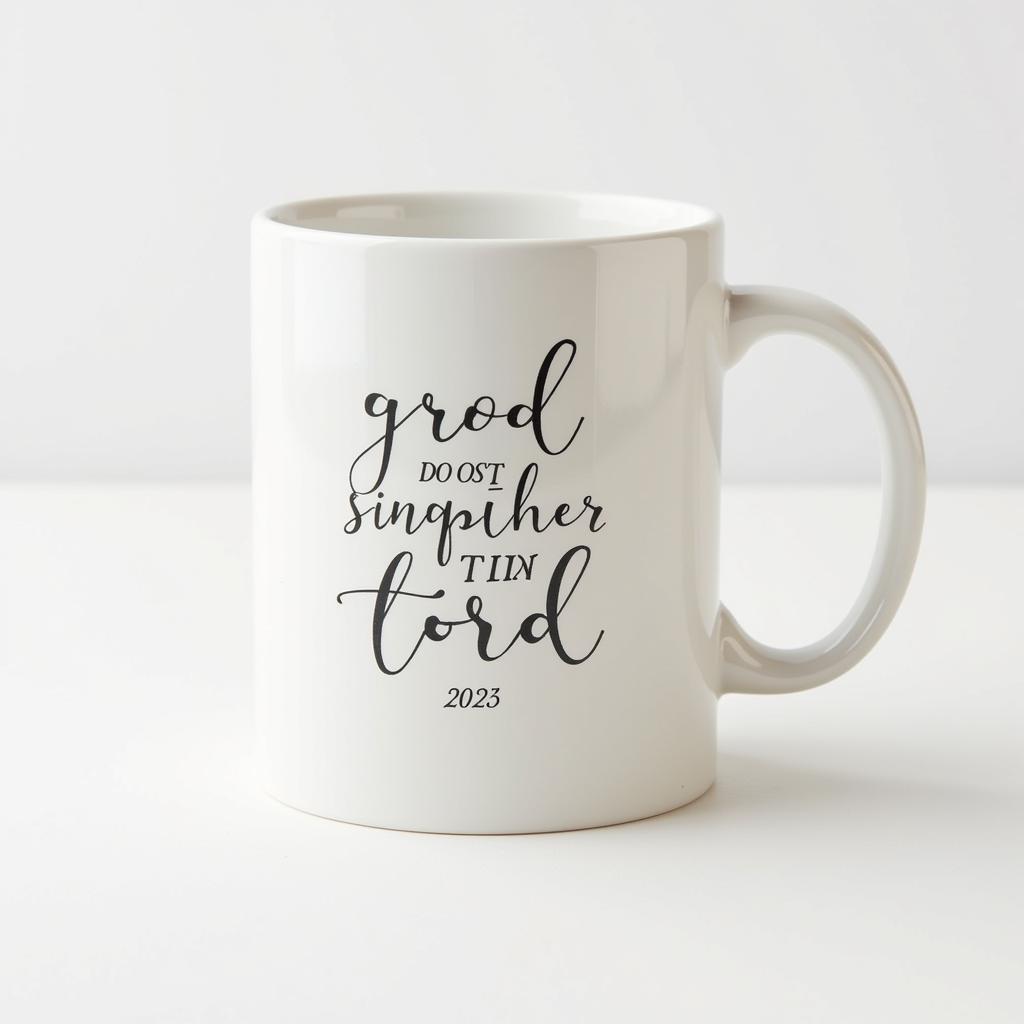 A modern calligraphy Christian art coffee mug featuring a simple, elegant design and an inspirational verse.