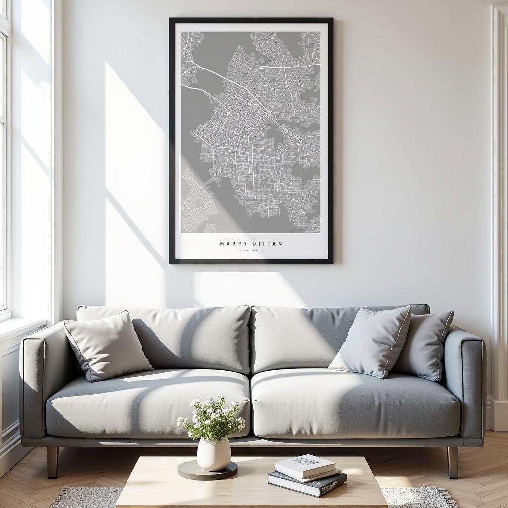 Modern city maps wall art displayed above a sofa in a contemporary living room