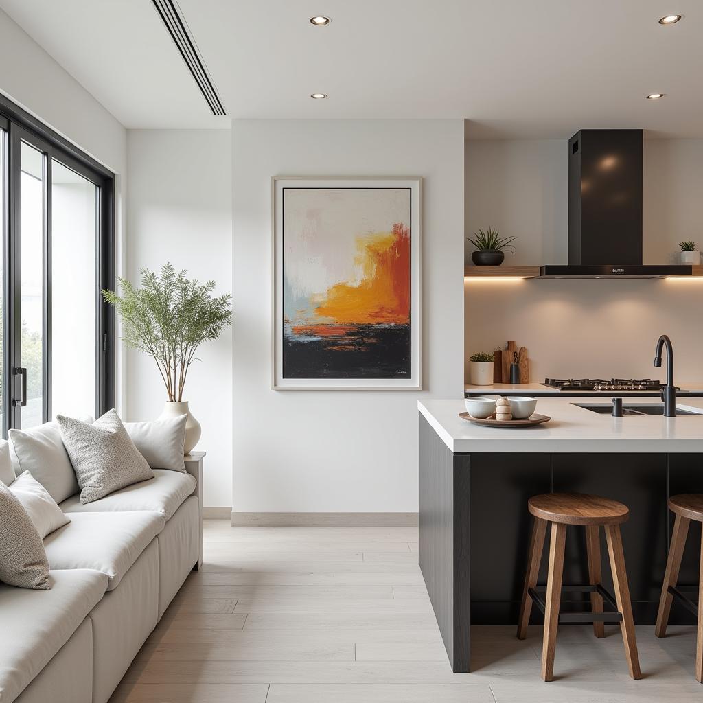 Modern kitchen with a large abstract painting as a focal point.