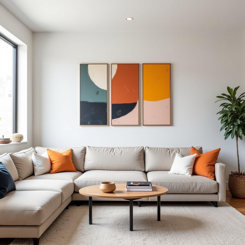 Modern living room featuring a set of 3 abstract wall art pieces