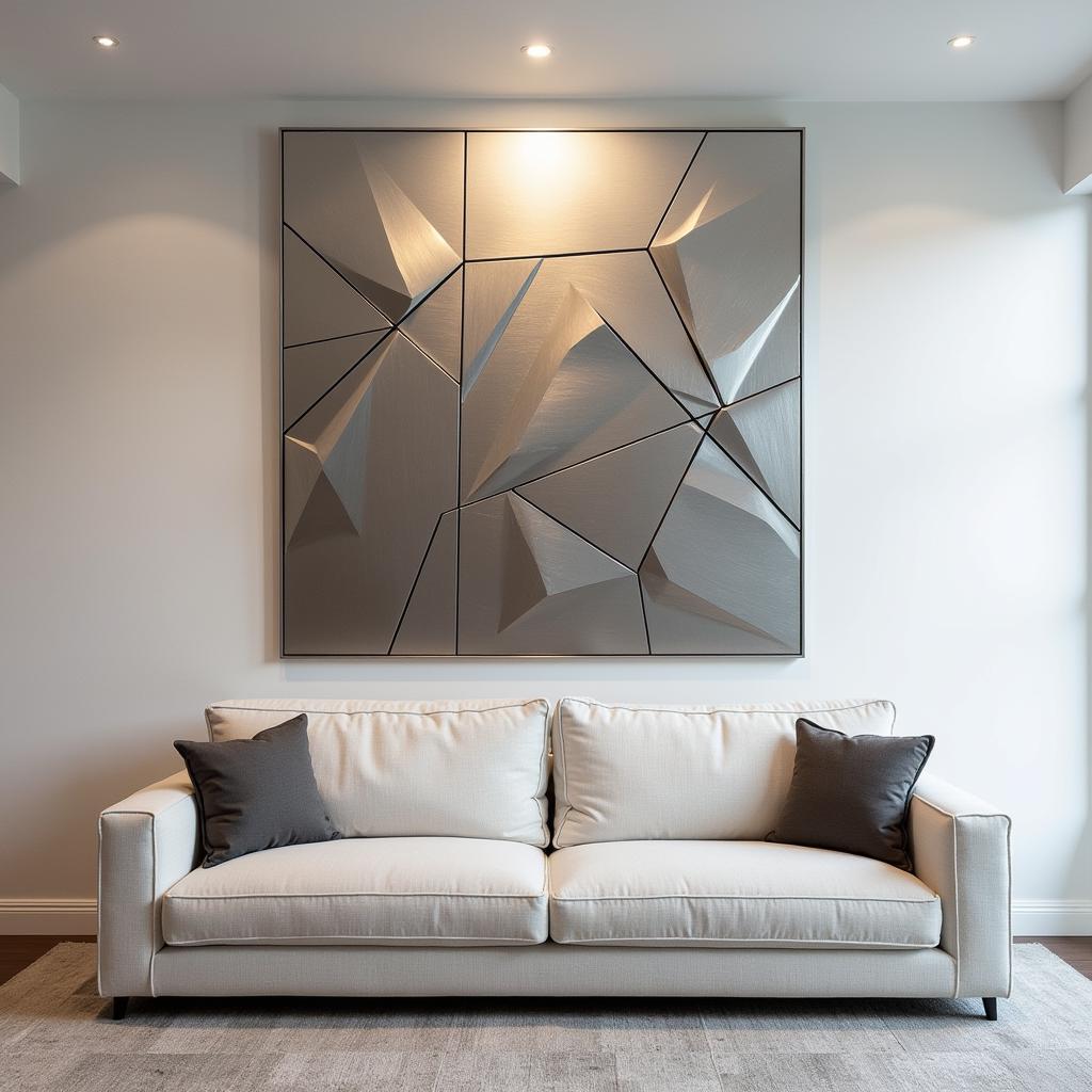 Modern metal large wall art in a living room setting