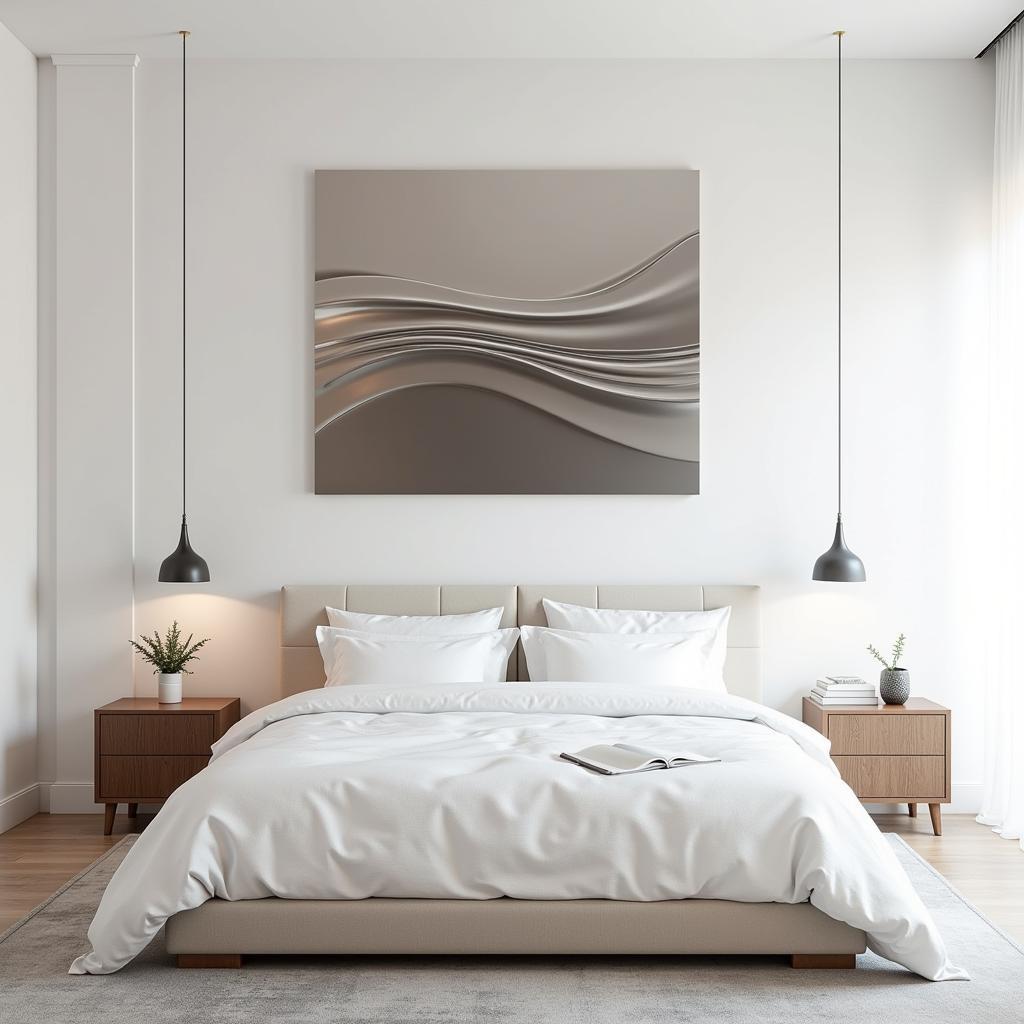 Modern metal wall art creates a stylish focal point in a bedroom.