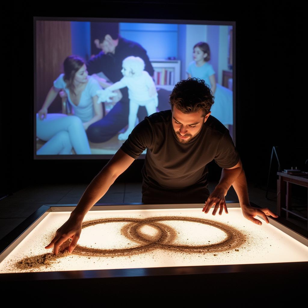 Modern sand art performance on stage with dynamic lighting and projections