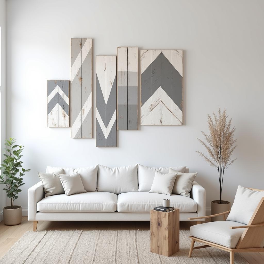 Modern wood plank wall art featuring geometric designs