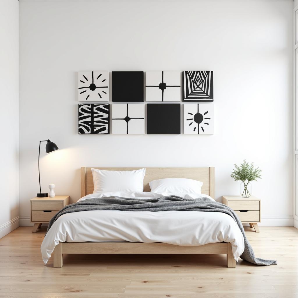 Modular wall art installation in a minimalist bedroom, featuring black and white geometric patterns.