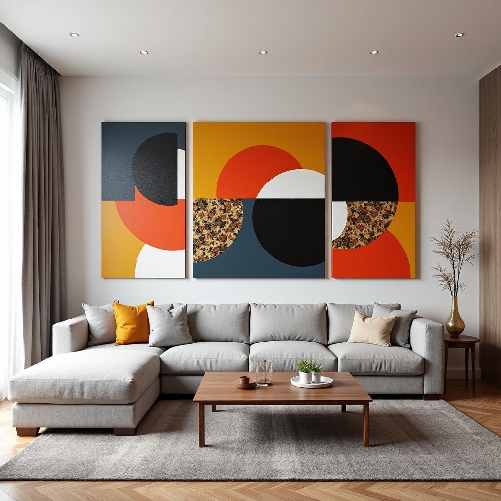 Modular wall art in a modern living room setting, showcasing a triptych of abstract panels in vibrant colors.