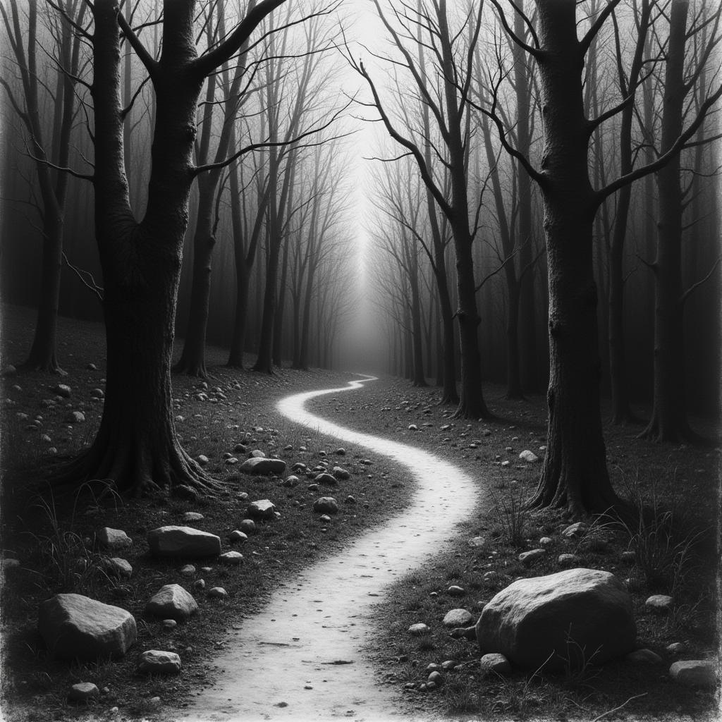 Charcoal drawing of a path leading into a mystical forest