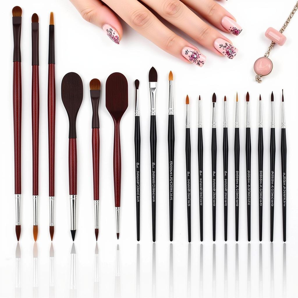 A comprehensive set of nail art brushes for various designs.