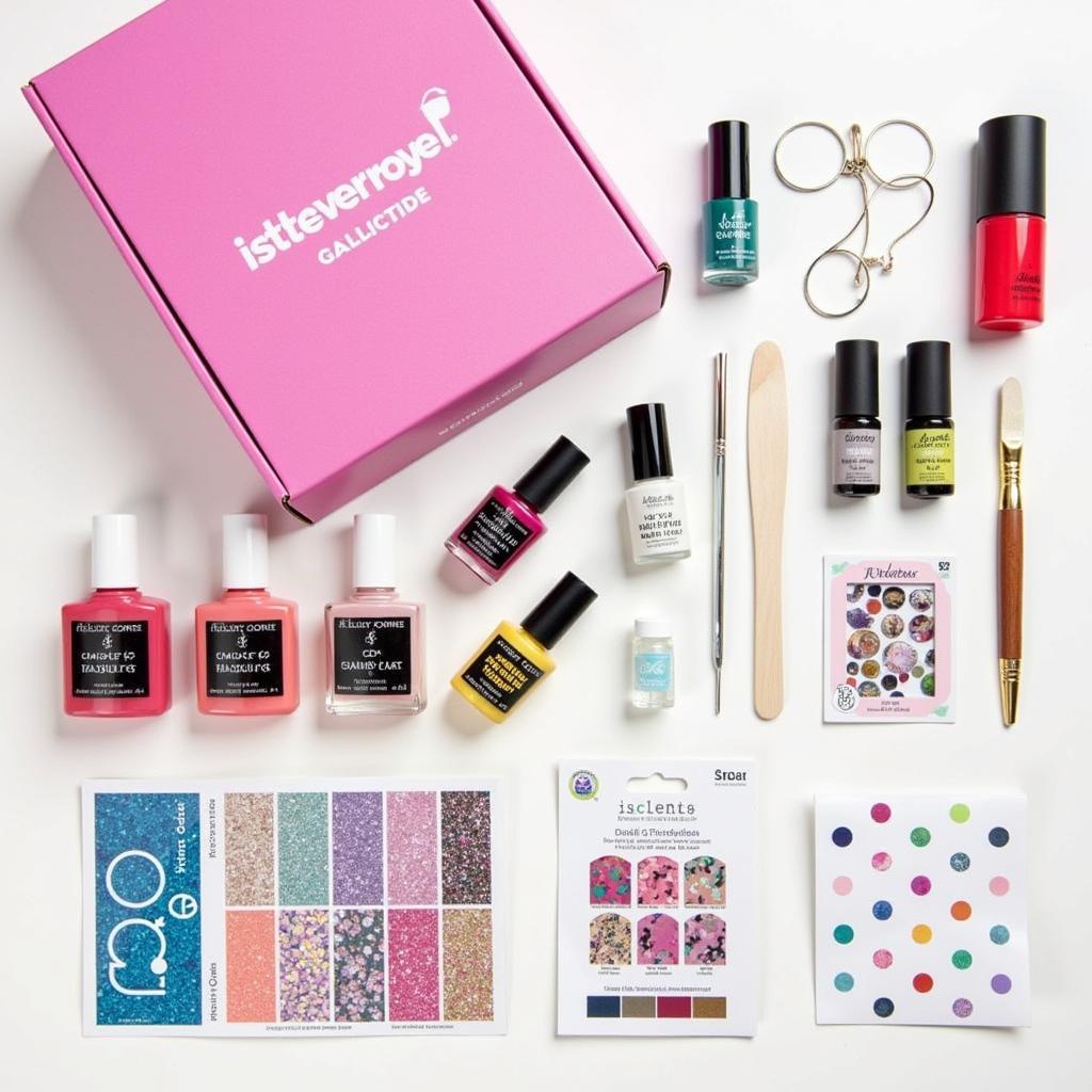 Unboxing a nail art subscription box filled with polishes, tools, and decorations.