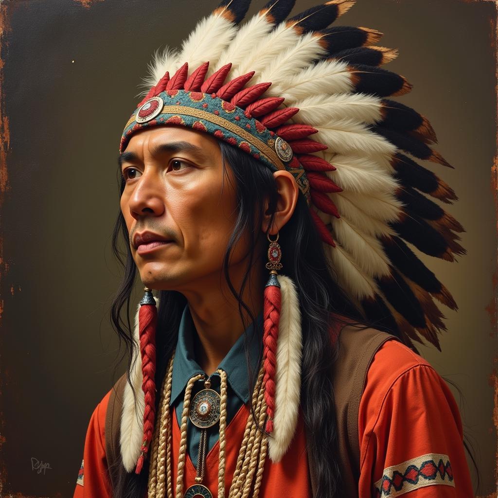 A portrait of a Native American in traditional attire, painted in the style of antique western art