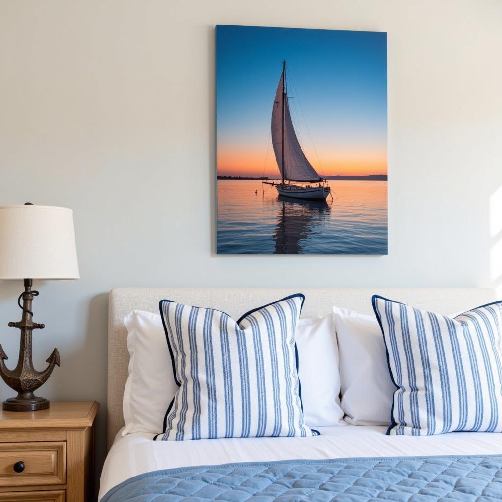 A bedroom decorated with nautical themed elements including canvas art, throw pillows, and decorative accents.