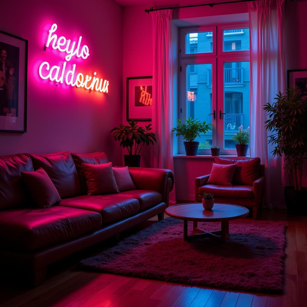 Neon wall art sign illuminating a modern living room