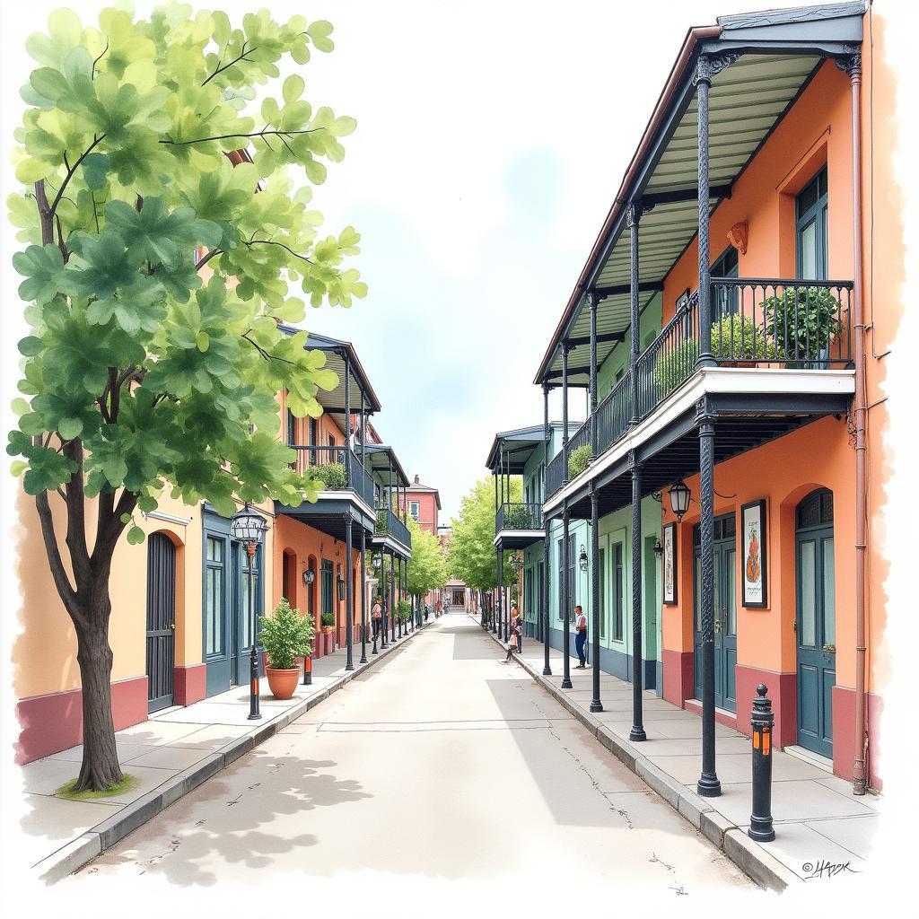 Nola Street Scene Wall Art: A charming watercolor painting of a quiet street in the French Quarter, featuring colorful buildings with wrought-iron balconies and lush greenery.