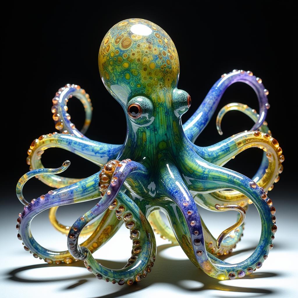 A stunning glass octopus sculpture with intricate details and vibrant colors.