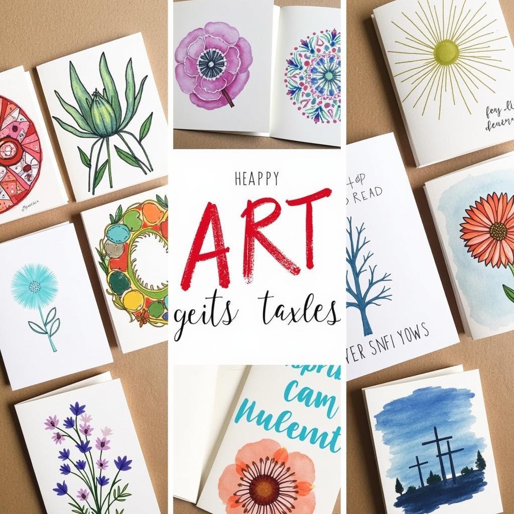 A collection of diverse original art greeting cards showcasing different art styles and techniques.