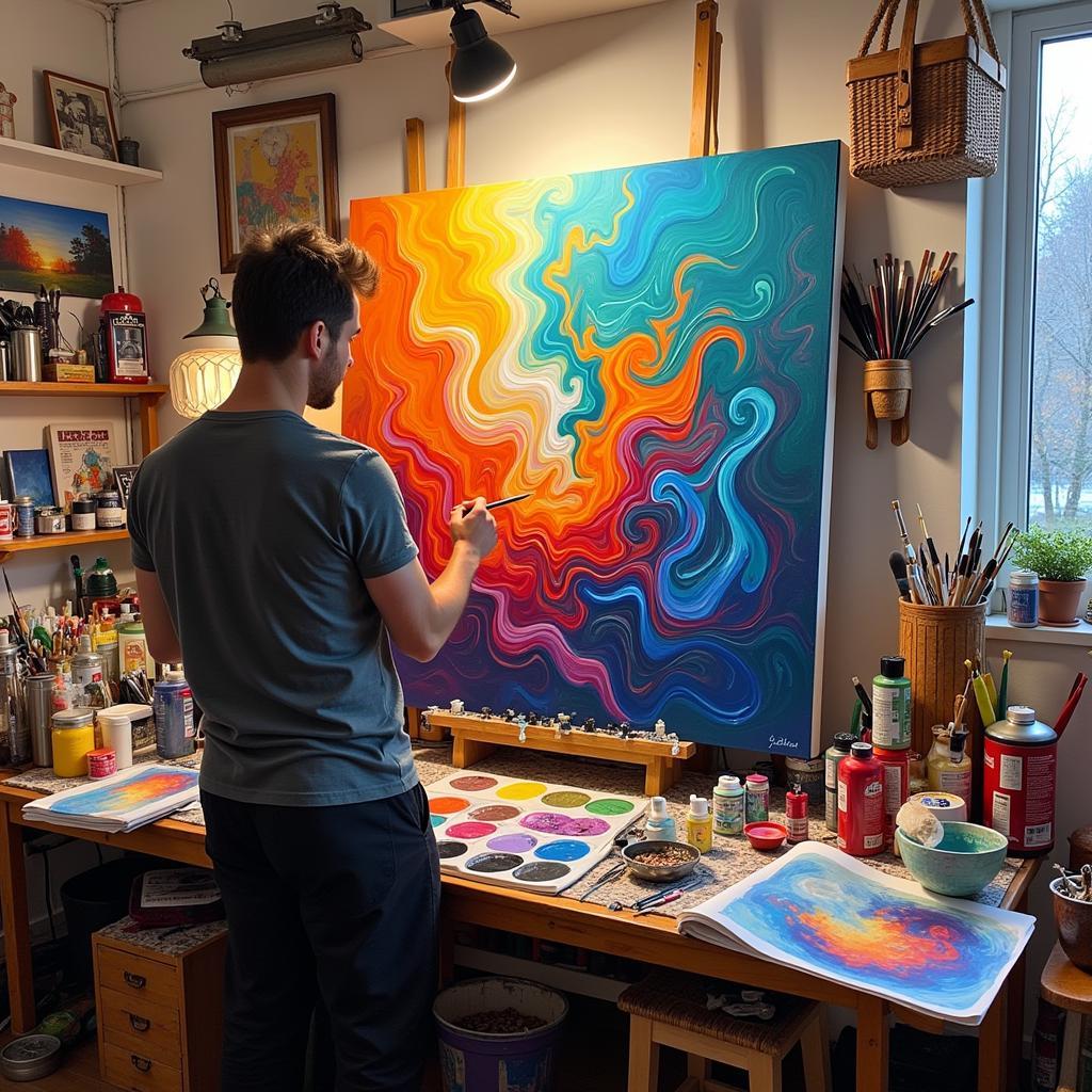 An artist working on an original oil painting in their studio, surrounded by brushes and paints.