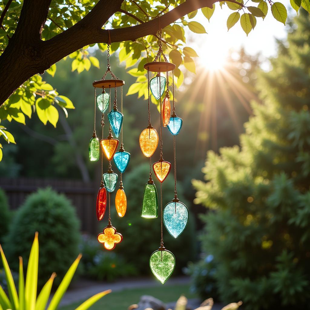 Colorful glass wind chimes gently sway in the breeze, casting dappled light onto the garden below.