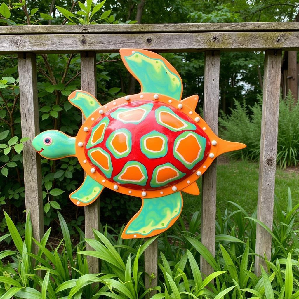 Outdoor Metal Turtle Wall Art in a Garden Setting