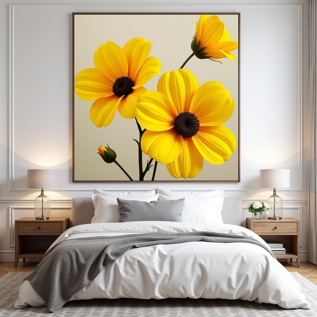 Oversized Yellow Floral Wall Art Above Bed