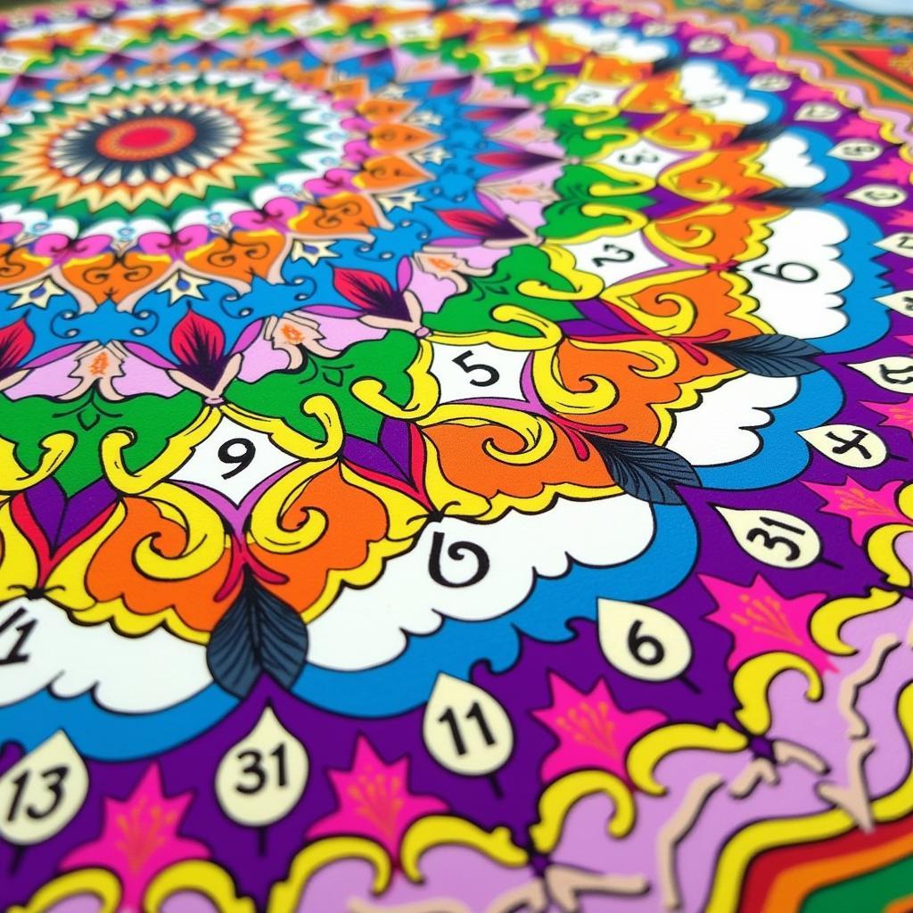 Detailed Close-up of a Paint by Numbers Indian Mandala in Progress