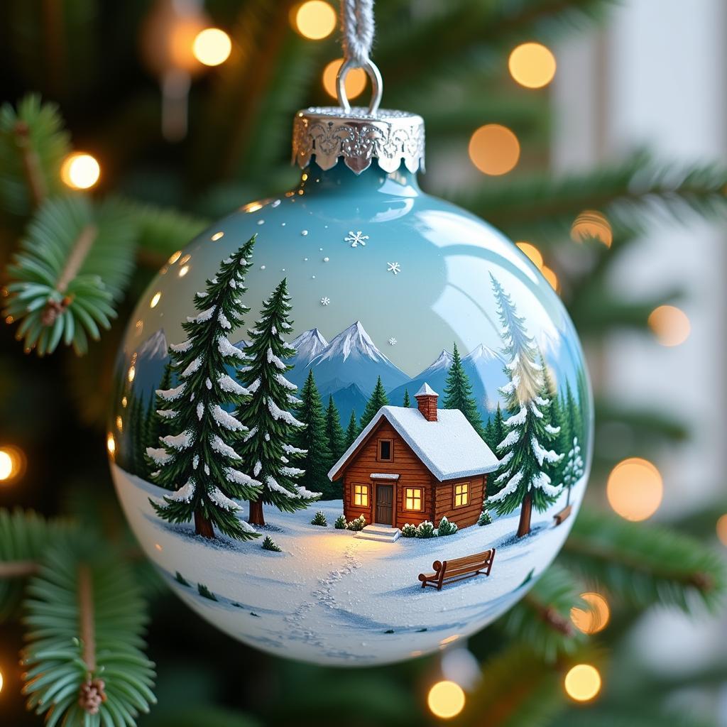 Hand-Painted Glass Christmas Ornament with a Winter Scene