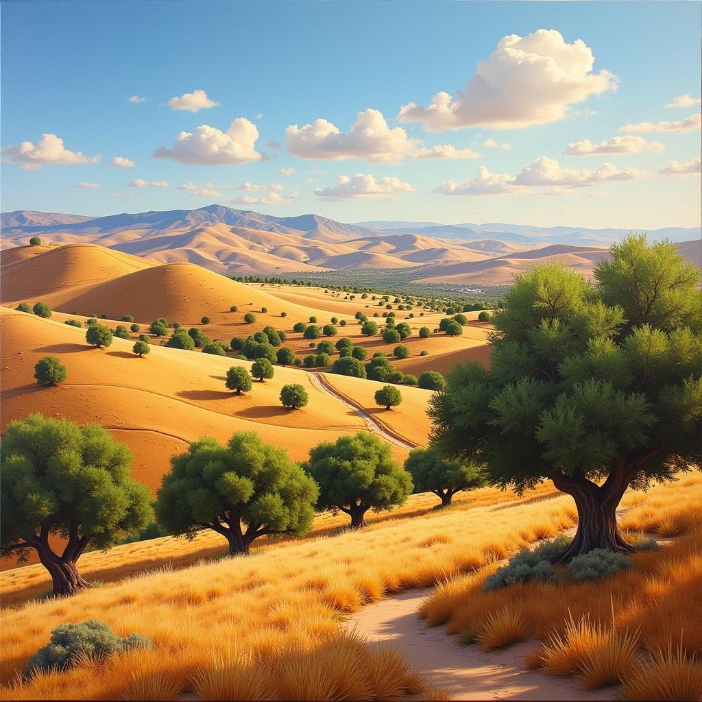 Palestinian landscape painting featuring olive groves for sale, evoking a sense of place and heritage