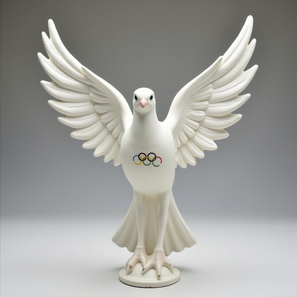 White peace dove sculpture adorned with Olympic rings