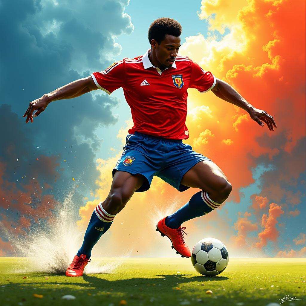 Dynamic digital painting of Pele in action, showcasing his athleticism.