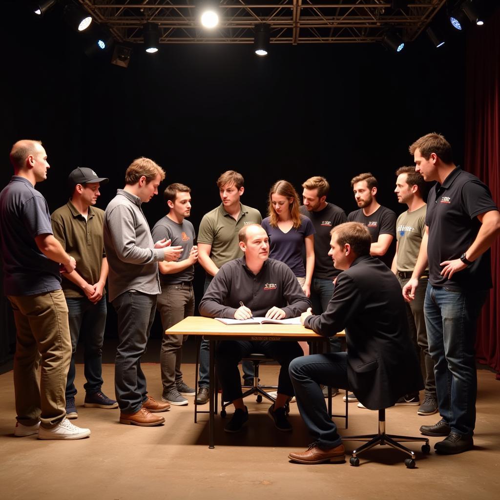 Performing Arts Collaboration and Networking: A group of performers and crew members collaborate on a theatrical production, discussing ideas and sharing their expertise.