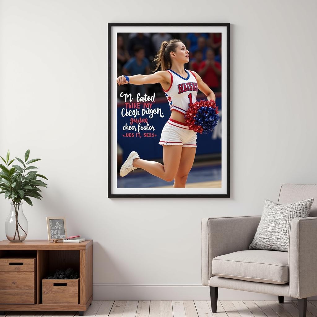 Personalized cheerleader wall art showcasing a custom portrait with team colors and name, ideal for a bedroom or living room.