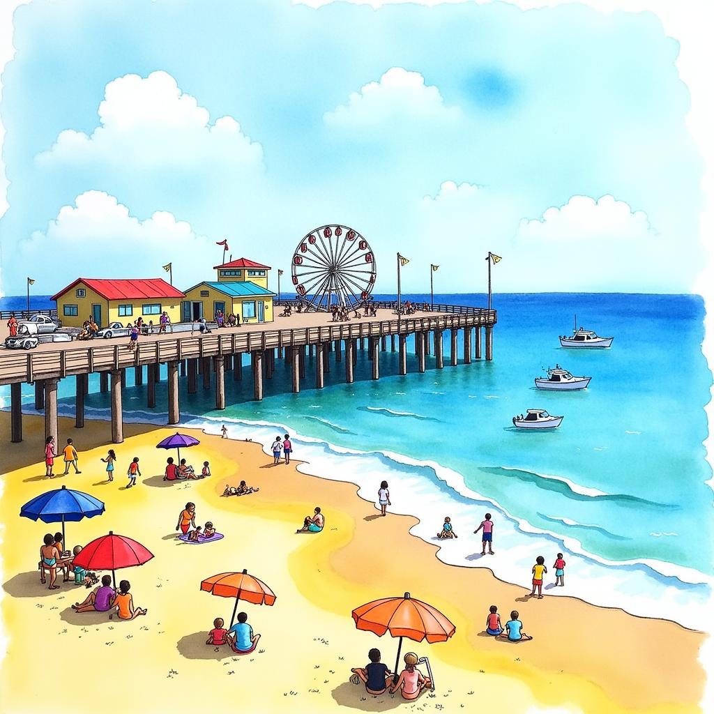 Watercolor painting of a pier with vibrant seaside scene