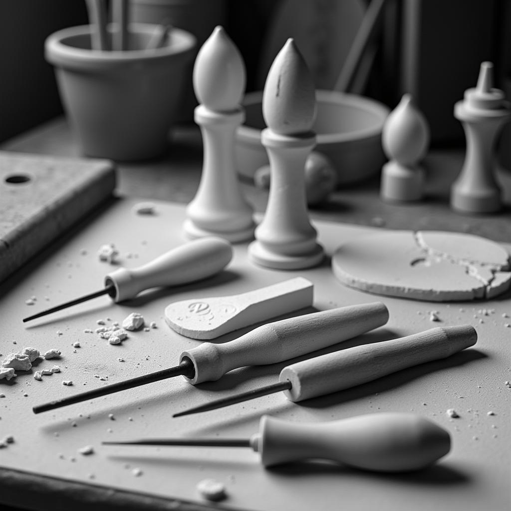 Black and White Photo of Plaster Carving Tools