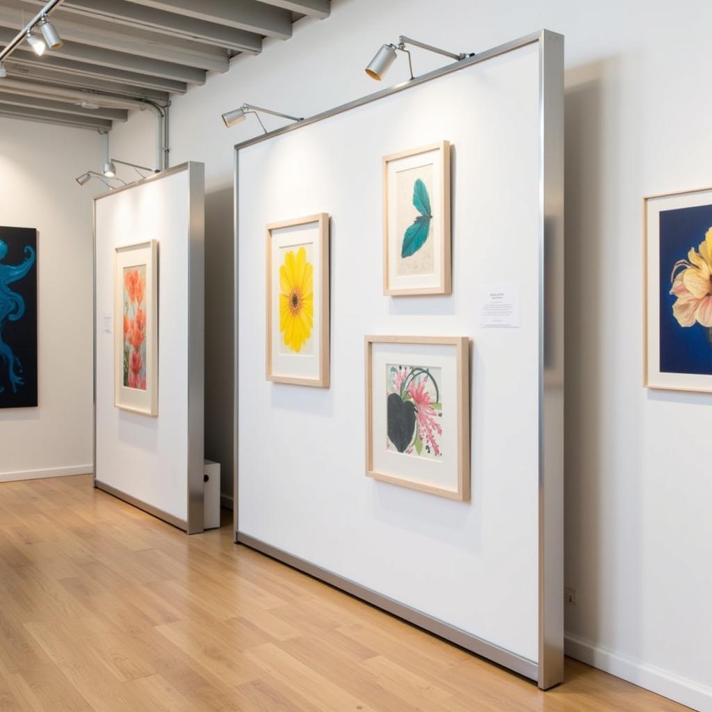 A portable art wall in a gallery setting, showcasing a variety of framed artwork, offering a flexible display solution.