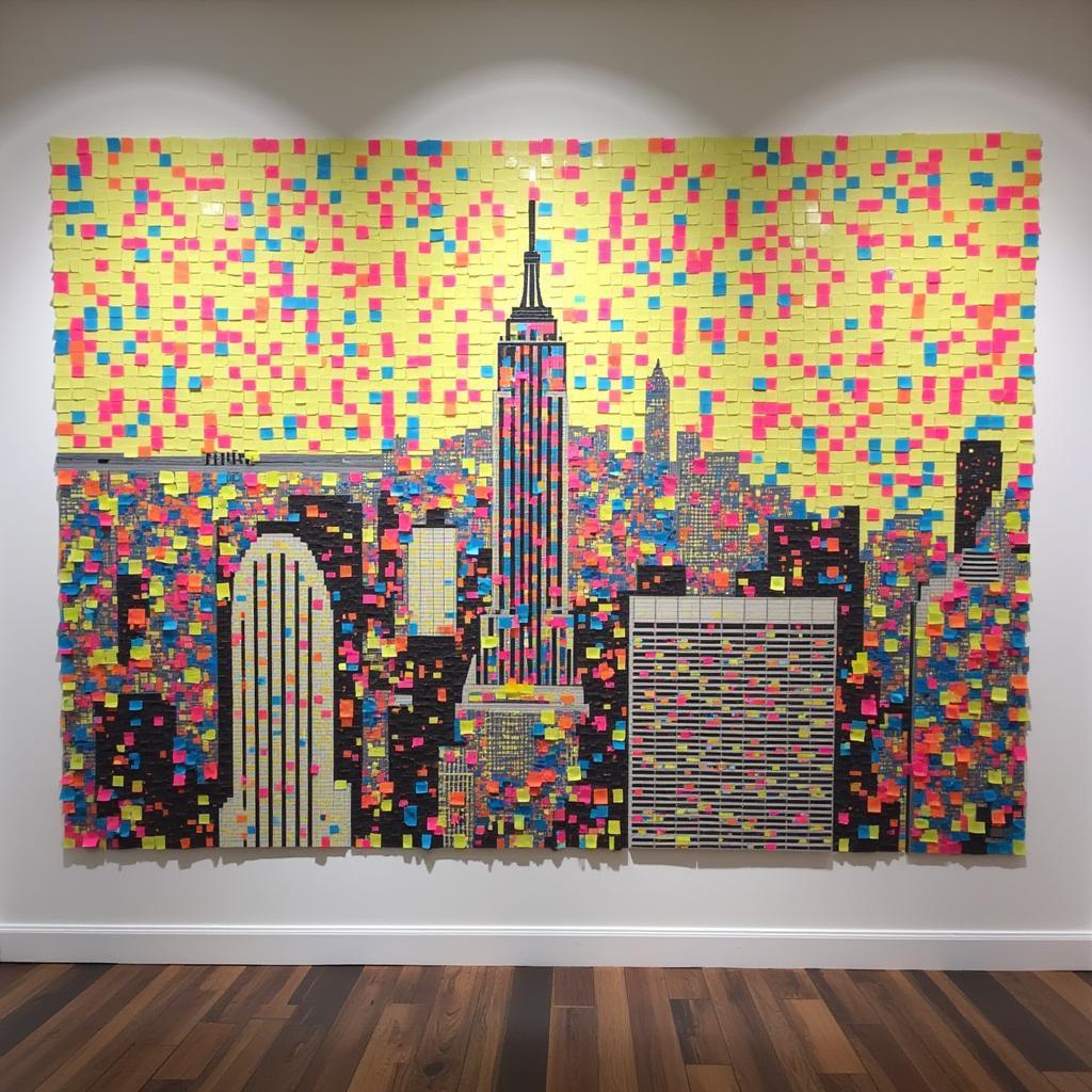 Post-it note pixel art mural depicting a vibrant cityscape