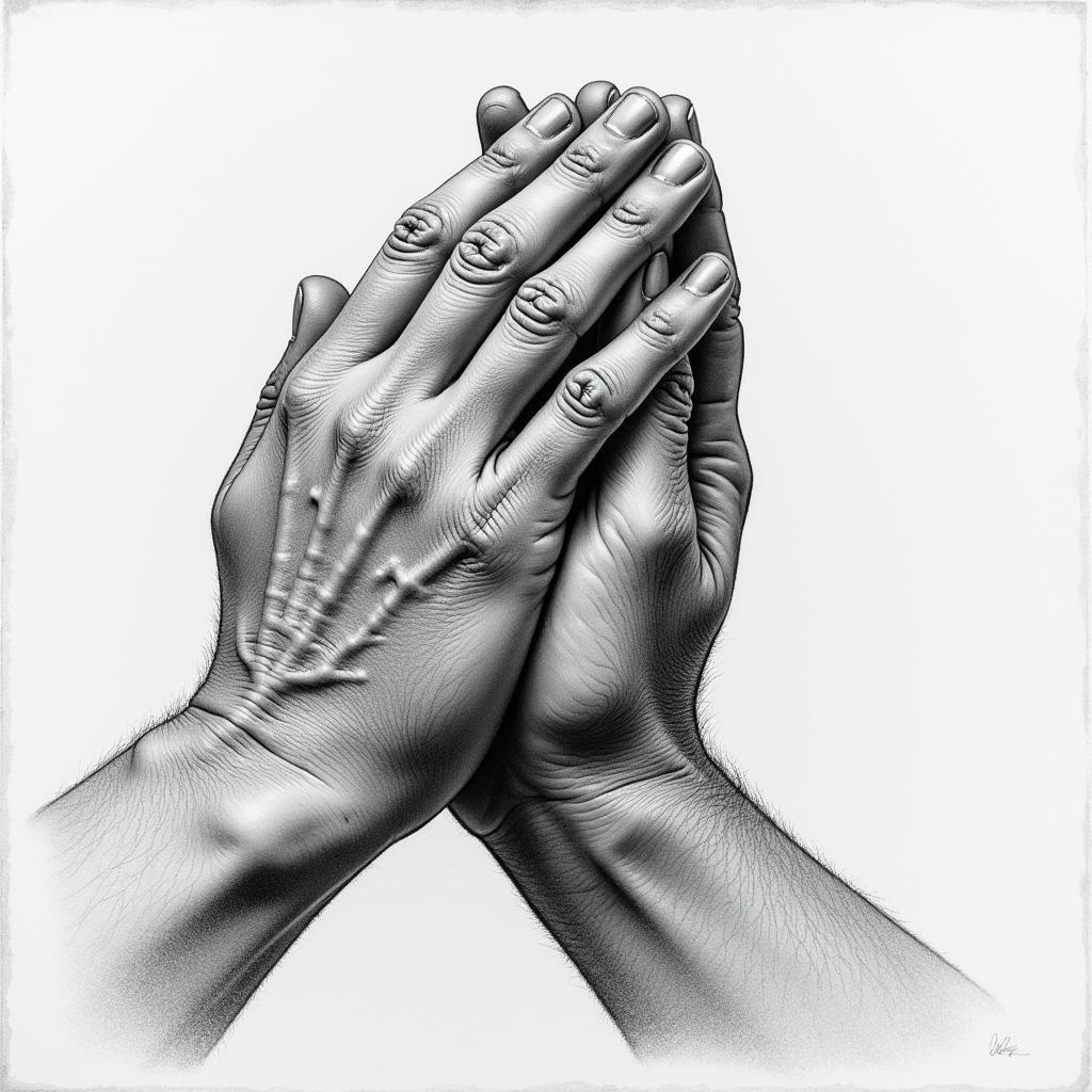 Charcoal sketch of praying hands, capturing the texture and emotion of prayer.