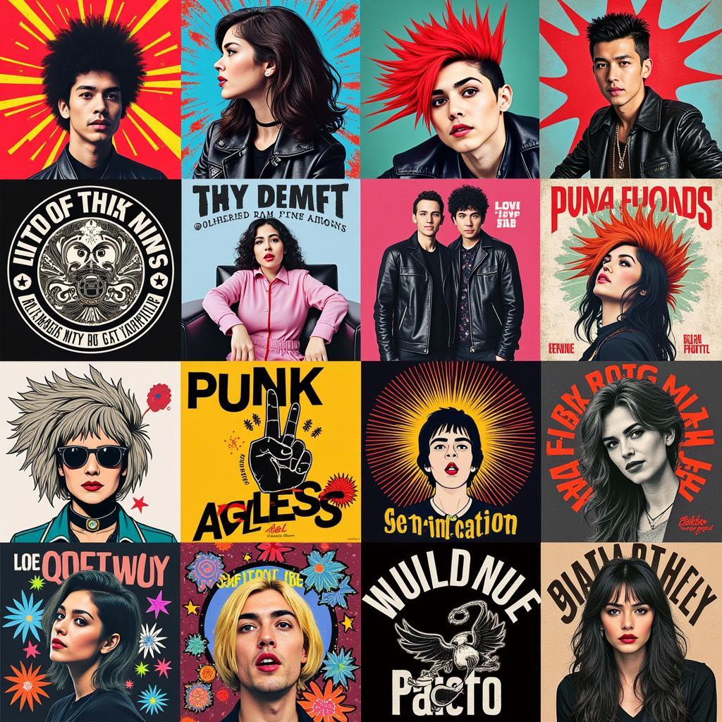 A collage of various punk rock art prints, showcasing different styles and themes, including band logos, mohawks, and safety pins.