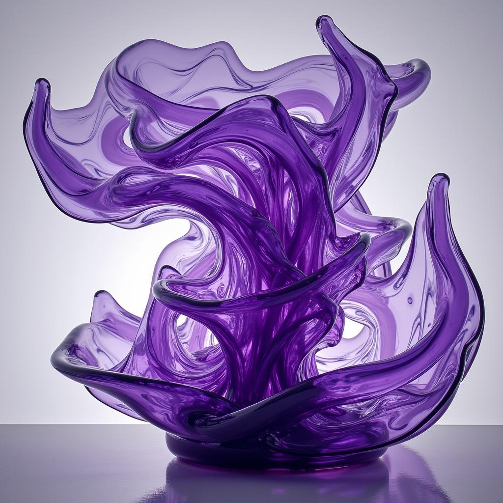 Abstract purple glass sculpture with swirling patterns