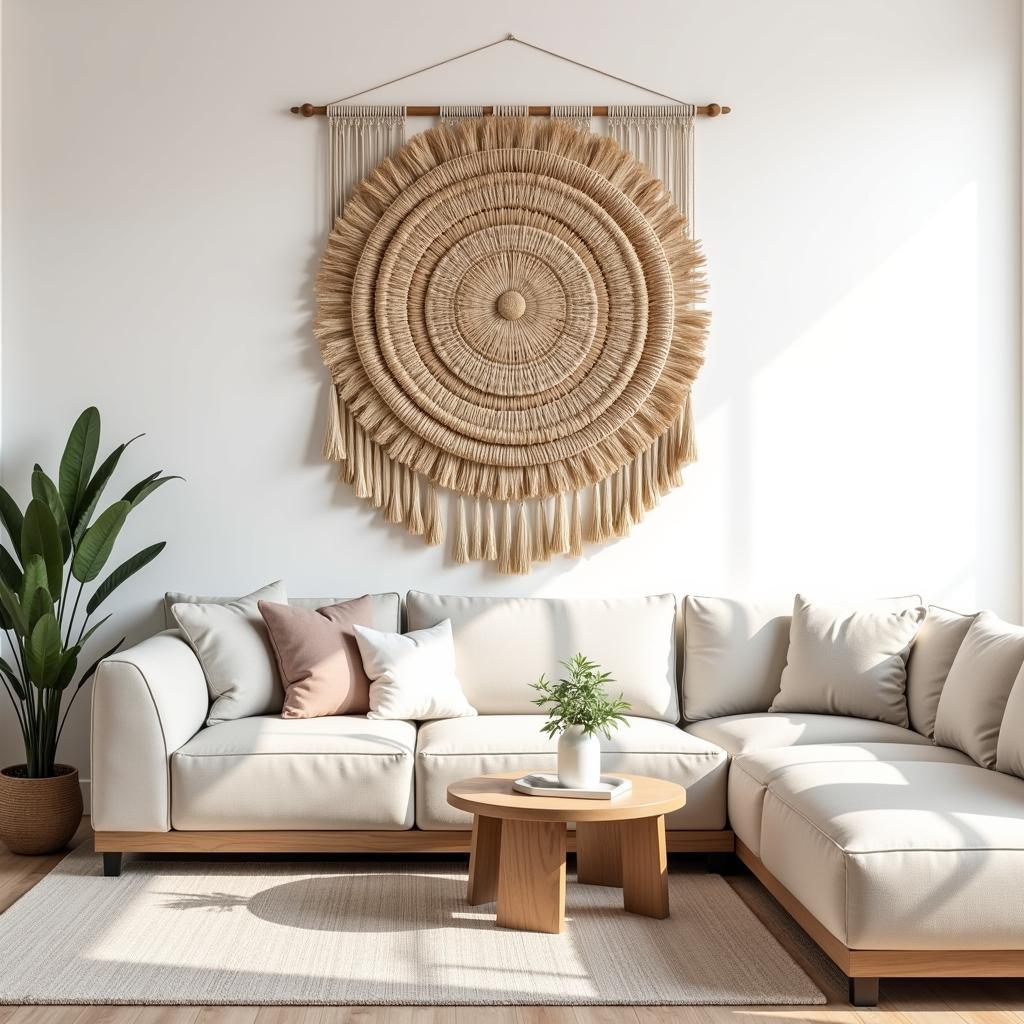 Raffia wall art with intricate natural textures, showcasing its handcrafted beauty and adding warmth to a modern living room.