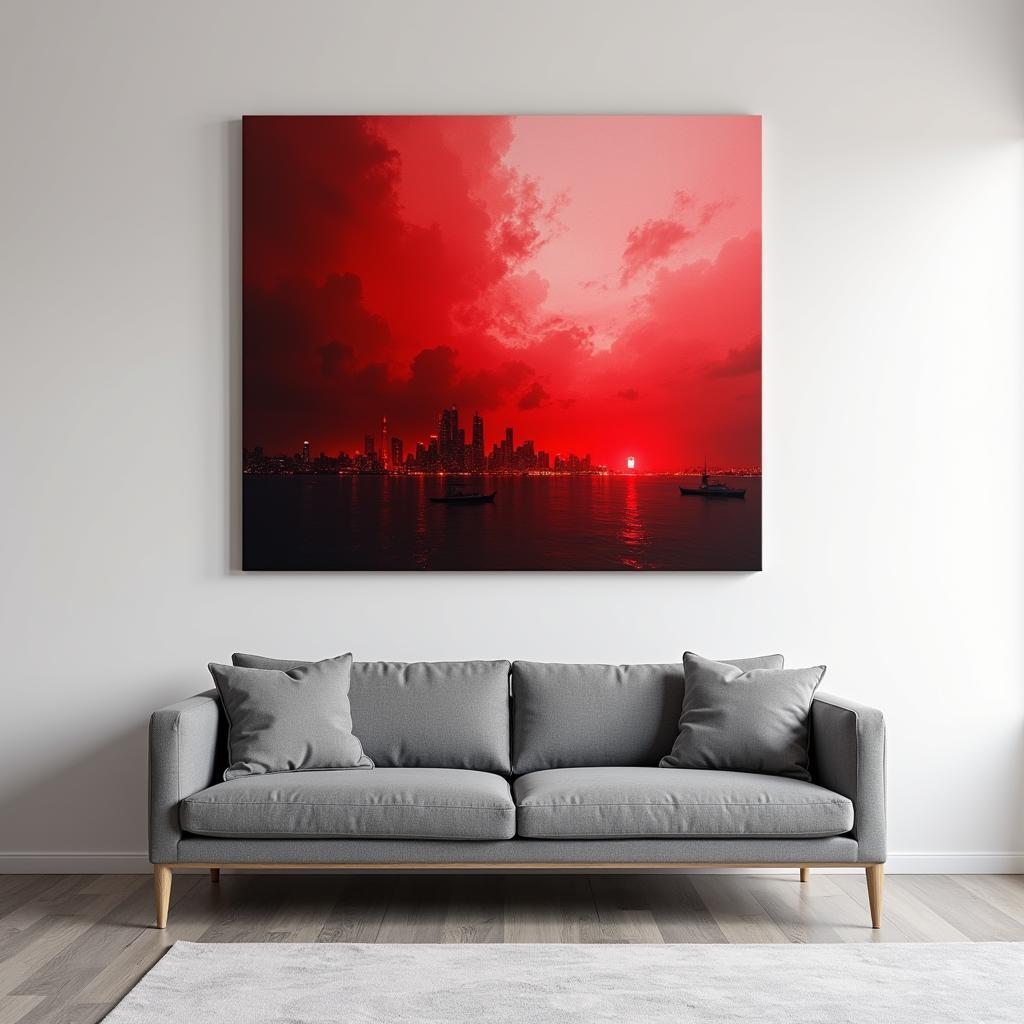 Red abstract wall art in a modern living room