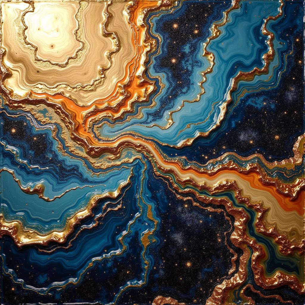 Abstract resin art with swirling colors of gold, copper, and deep blues, creating a sense of movement and depth.