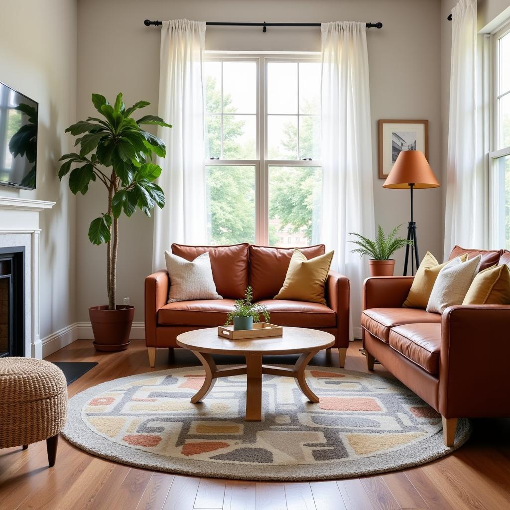 Round Art Deco Rug Placement in Living Room