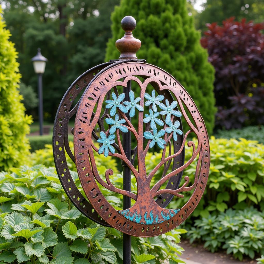 Round top metal wall art decorates a garden setting