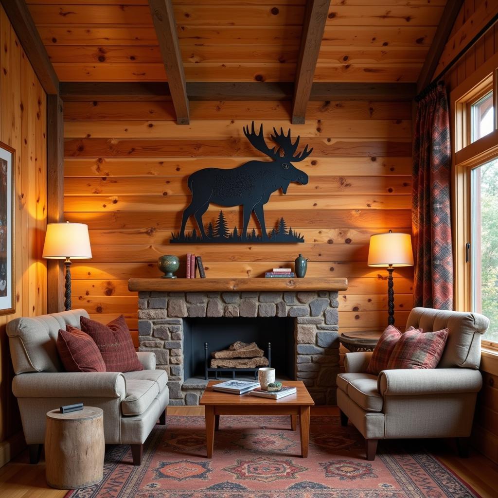 Moose Metal Wall Art in a Rustic Cabin