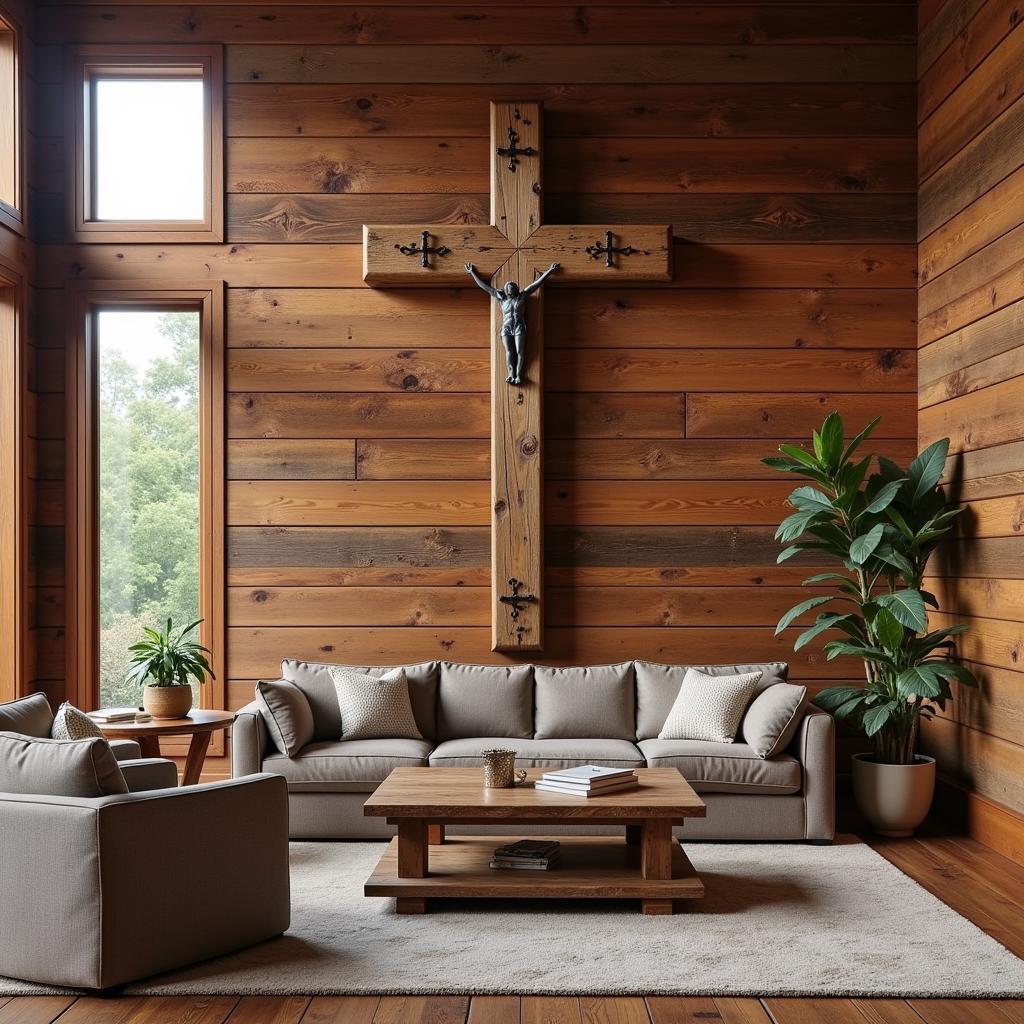 Rustic Christian wall art featuring a cross made of reclaimed wooden beams in a cozy living room.