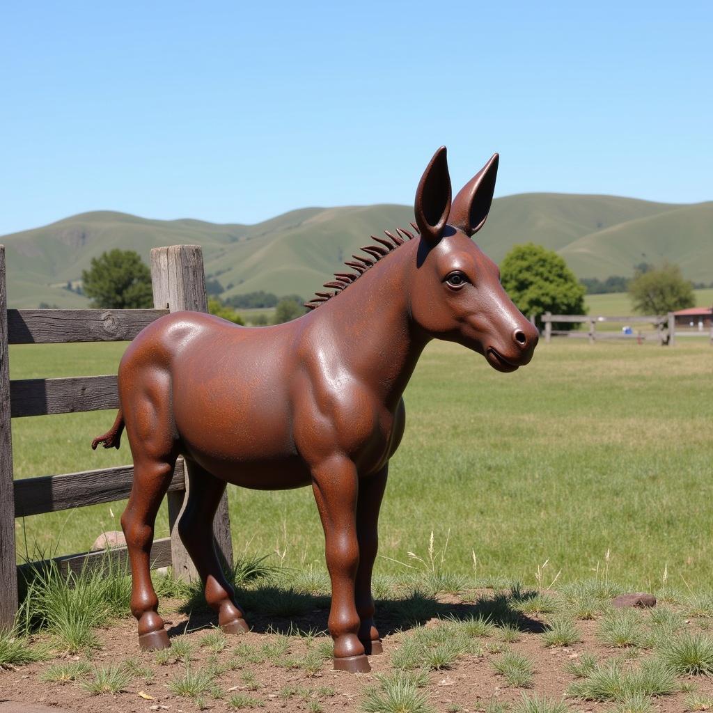 Rustic Metal Donkey Sculpture near a Wooden Fence