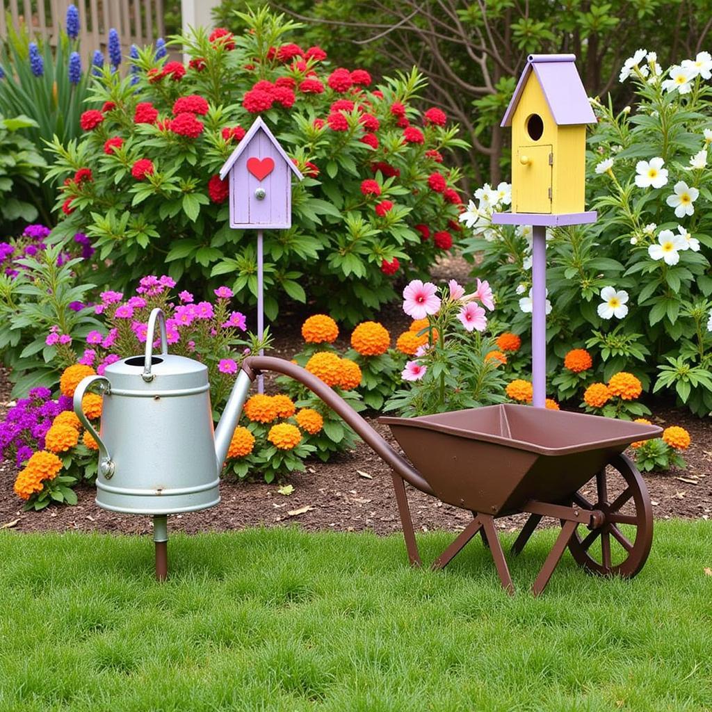 Rustic metal yard art enhances a flower garden's beauty.