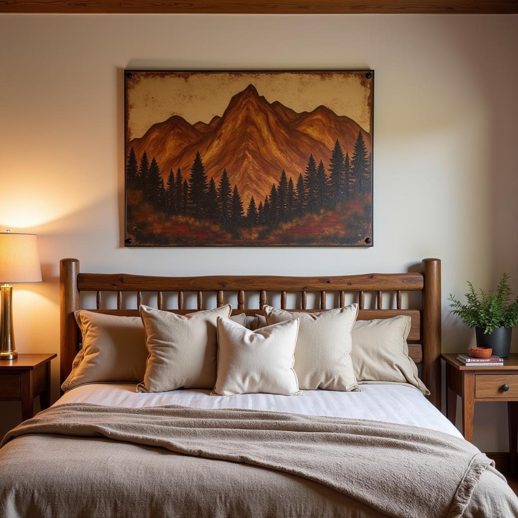 Rustic Mountains Metal Wall Art in a Bedroom